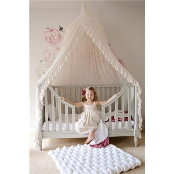 Elegant Kids Bed Canopy - Lace Chiffon Netting with Pom Pom, Princess Girls Tent - Picture 2 of 7